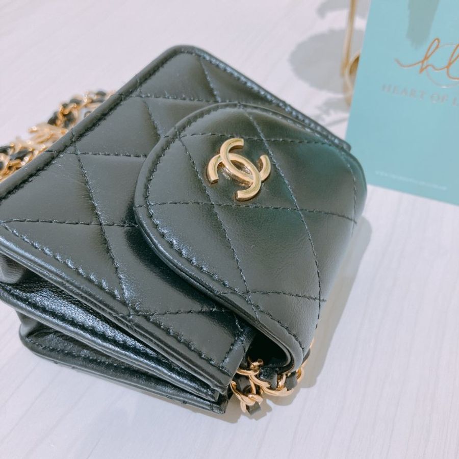 TK2086 香奈兒 黑金小羊皮 迷你小包 Accordion Round Flap Clutch With Chain lambskin Black X GHW-8