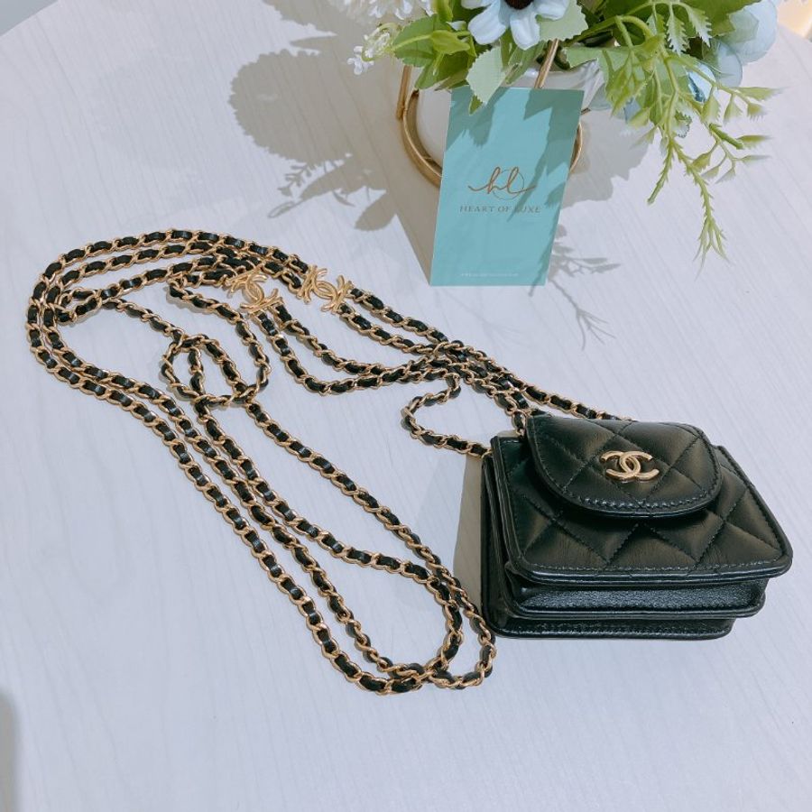 TK2086 香奈兒 黑金小羊皮 迷你小包 Accordion Round Flap Clutch With Chain lambskin Black X GHW-19