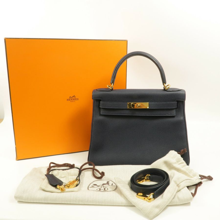 HERMES Togo皮革Kelly 28手挽肩背兩用袋Bleu Nuit-11