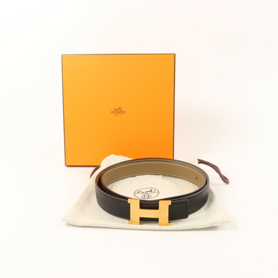 HERMES Epsom皮革/Swift皮革Martelee Reversible Belt 80cm皮帶Noir/Etoupe-8