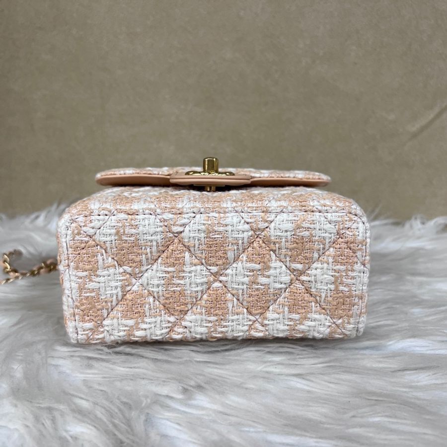 Chanel 橘白毛呢粉橘牛皮霧金釦手提迷你斜背包AS4035-2