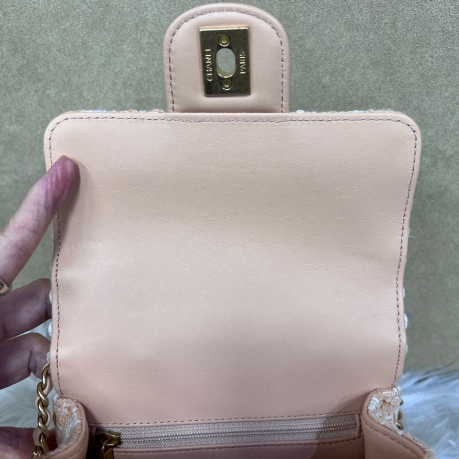 Chanel 橘白毛呢粉橘牛皮霧金釦手提迷你斜背包AS4035-12