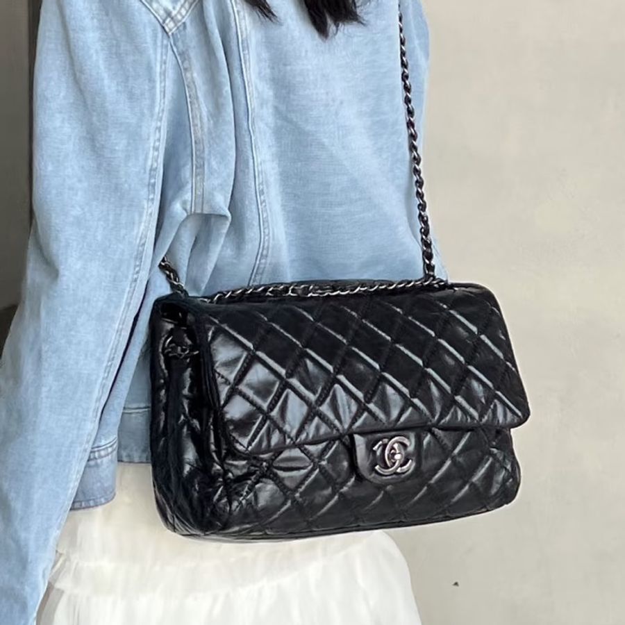 💎Chanel香奈兒｜黑色油蠟皮 cf中號｜黑色油蠟皮單肩斜挎包｜99新29開有卡-0