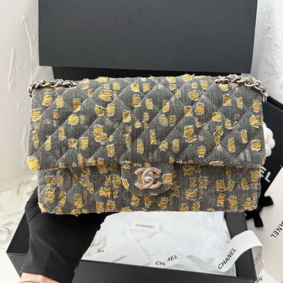 Chanel香奈兒 粗花毛呢黃灰色牛仔單寧 乞丐包 CF中號-1
