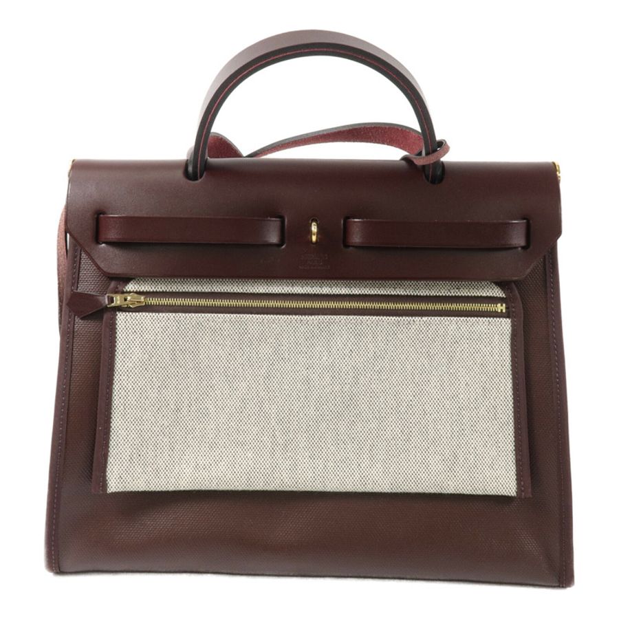 HERMES Toile H帆布/Vache Hunter皮革Herbag PM手挽肩背兩用袋Rouge Sellier-1