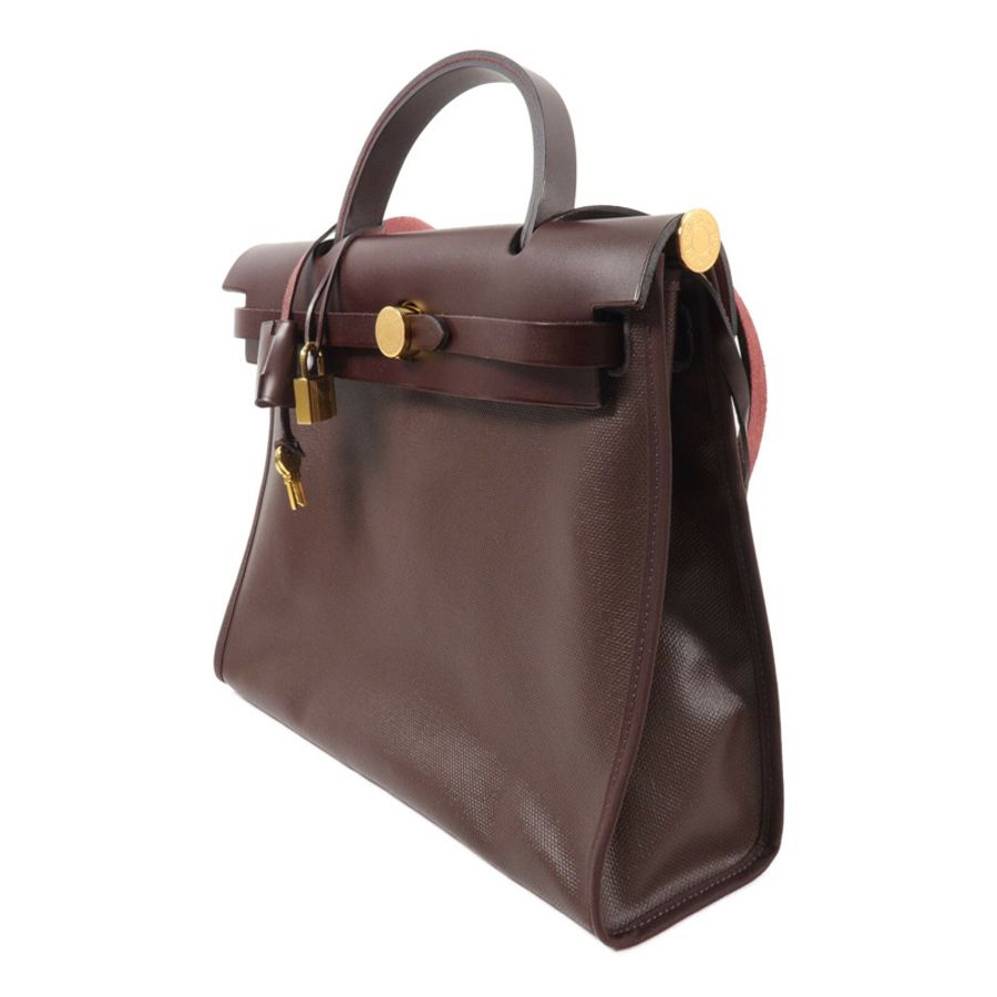 HERMES Toile H帆布/Vache Hunter皮革Herbag PM手挽肩背兩用袋Rouge Sellier-2