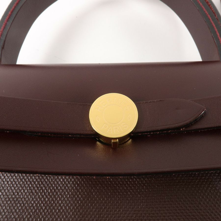 HERMES Toile H帆布/Vache Hunter皮革Herbag PM手挽肩背兩用袋Rouge Sellier-6