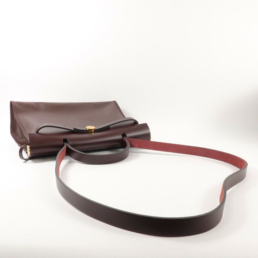 HERMES Toile H帆布/Vache Hunter皮革Herbag PM手挽肩背兩用袋Rouge Sellier-10