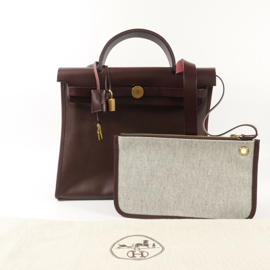 HERMES Toile H帆布/Vache Hunter皮革Herbag PM手挽肩背兩用袋Rouge Sellier-11