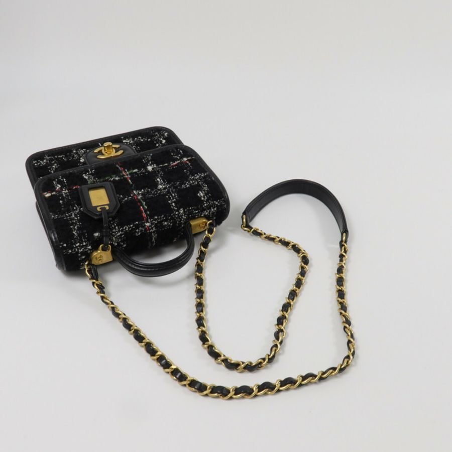 CHANEL Tweed/牛皮皮革Top Handle Flap Bag鏈帶手挽肩背兩用袋-10