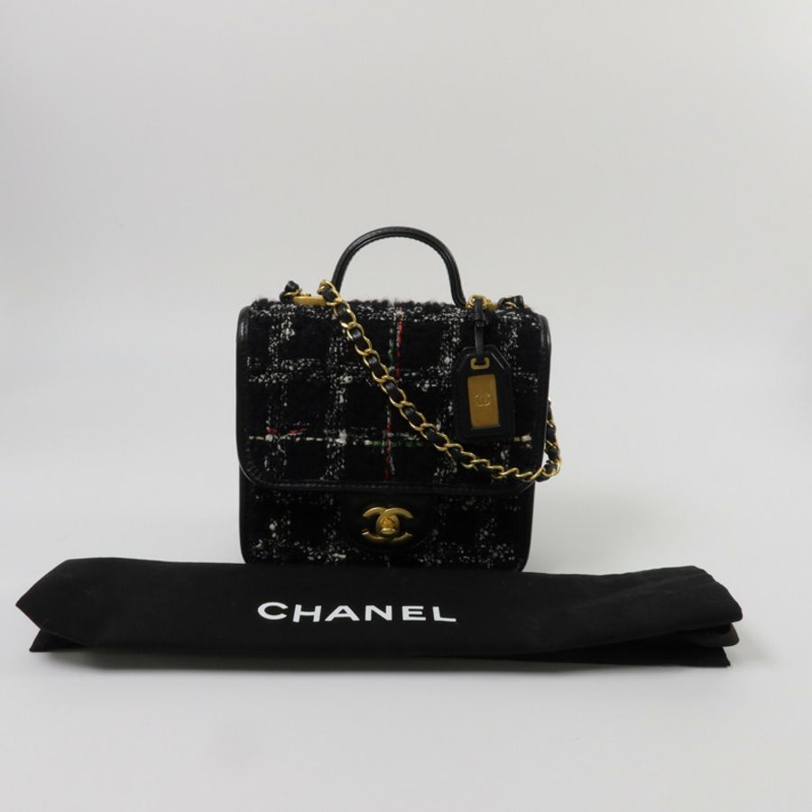 CHANEL Tweed/牛皮皮革Top Handle Flap Bag鏈帶手挽肩背兩用袋-11