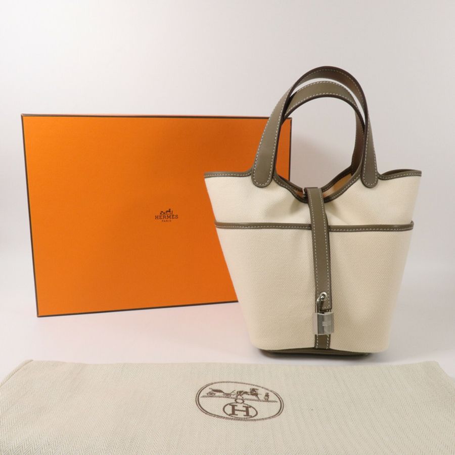 HERMES 帆布/Swift皮革Picotin PM手挽袋Etoupe-9