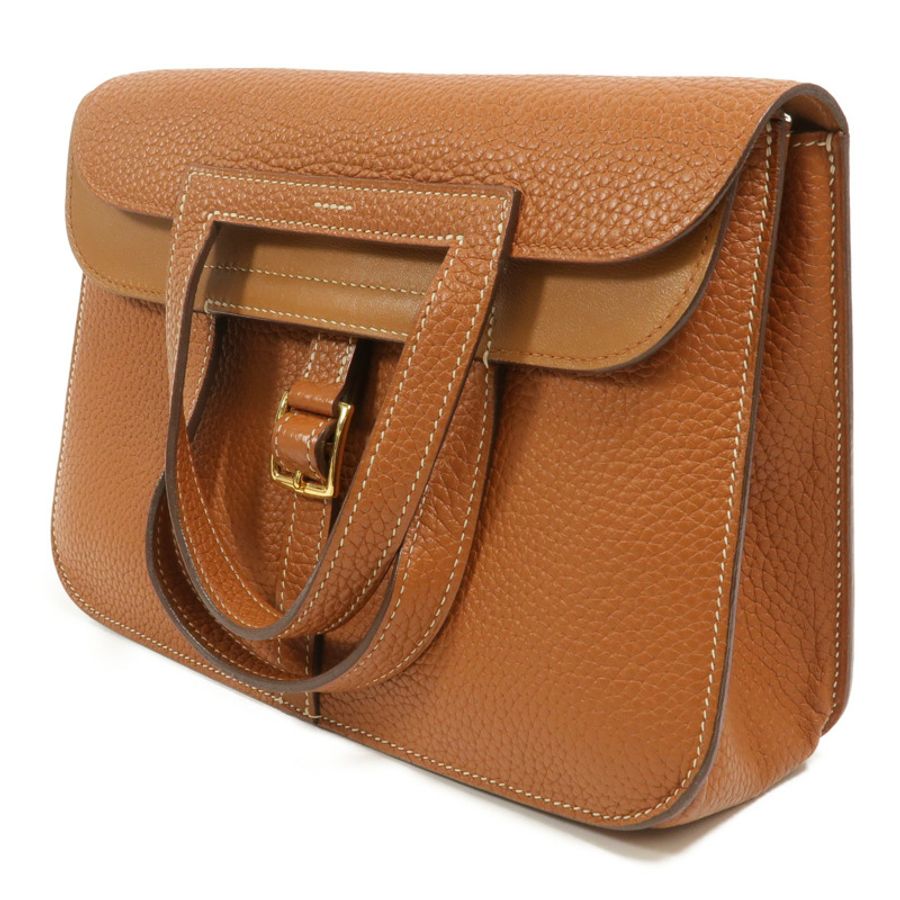 HERMES Clemence皮革Halzan 25手挽肩背兩用袋Gold-2
