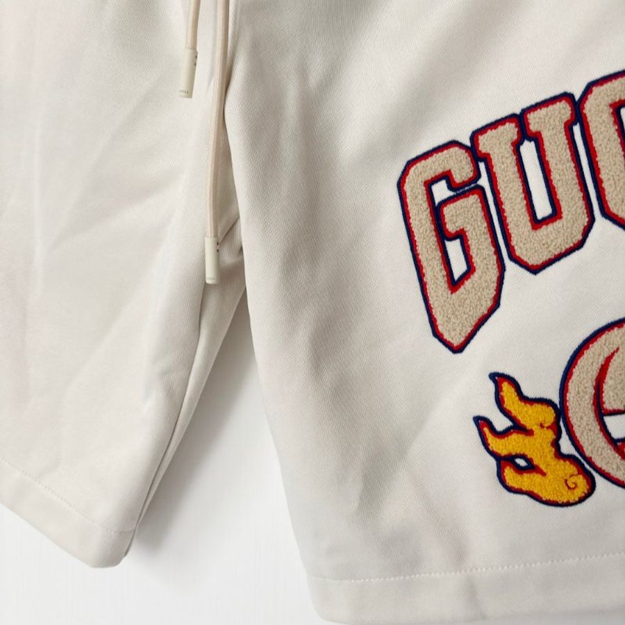 S號 ::GUCCI:: 雙G火焰圖騰刺繡 經典藍紅織帶運動短褲-2