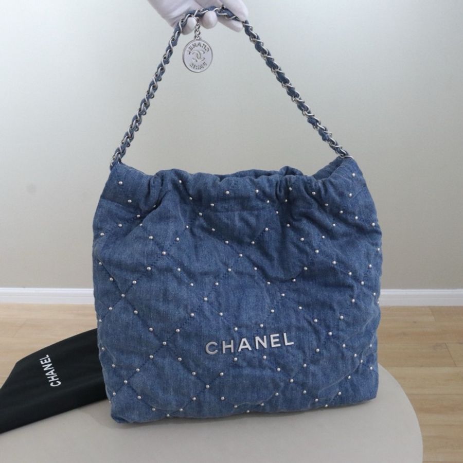 💙Chanel香奈兒22bag 單寧牛仔垃圾袋中號 單肩包斜挎包 藍色 銀扣 芯片款-0