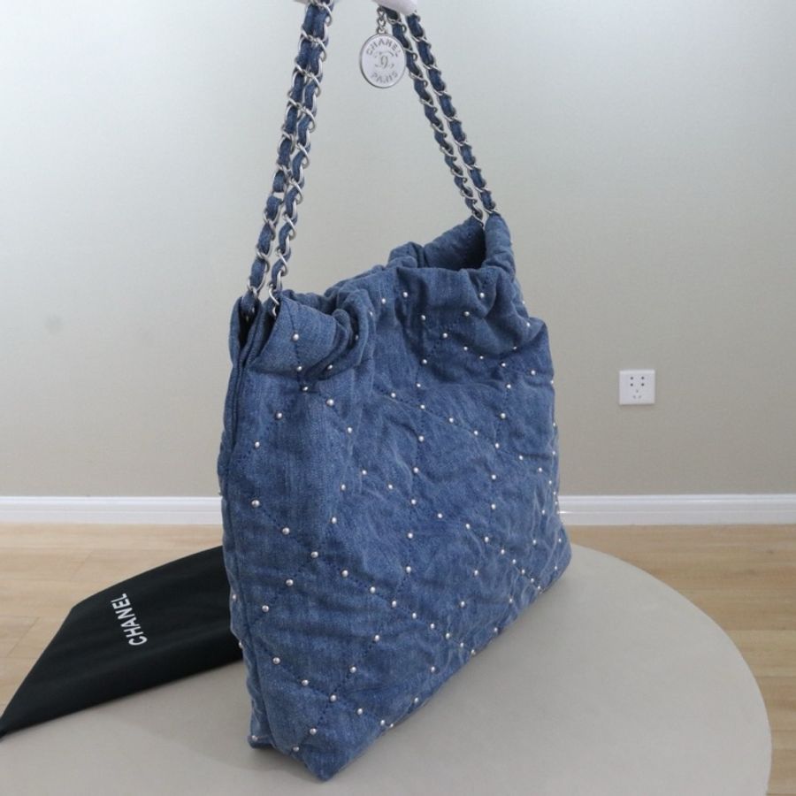 💙Chanel香奈兒22bag 單寧牛仔垃圾袋中號 單肩包斜挎包 藍色 銀扣 芯片款-1