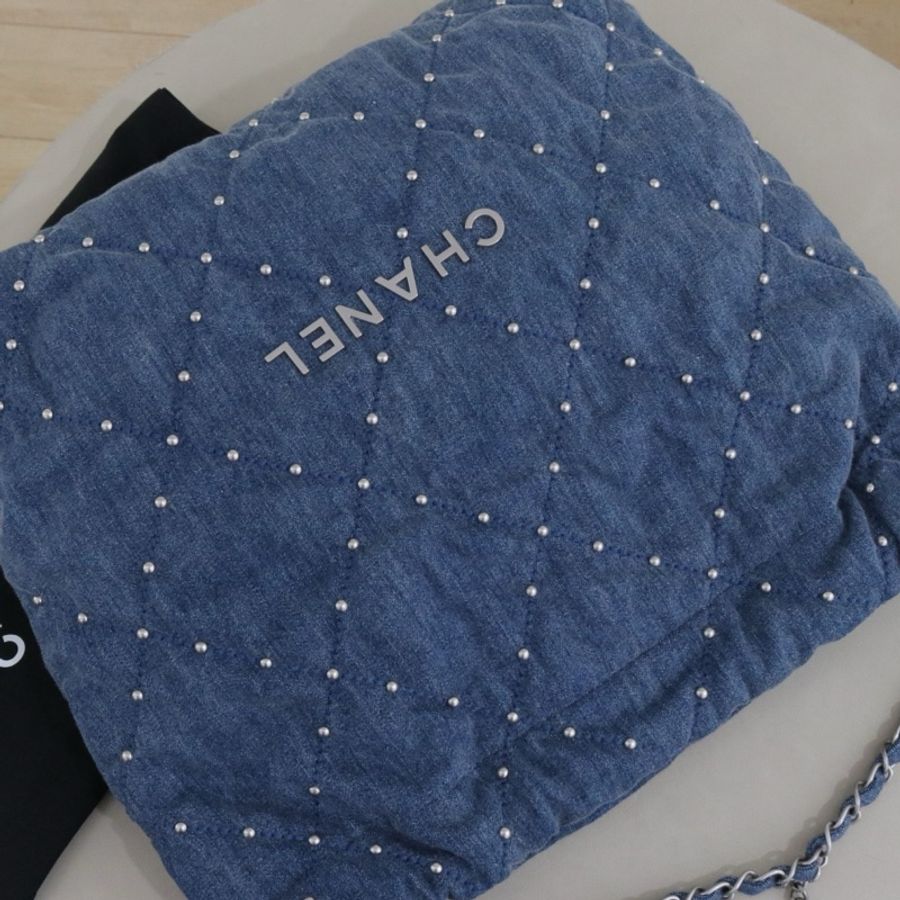 💙Chanel香奈兒22bag 單寧牛仔垃圾袋中號 單肩包斜挎包 藍色 銀扣 芯片款-5