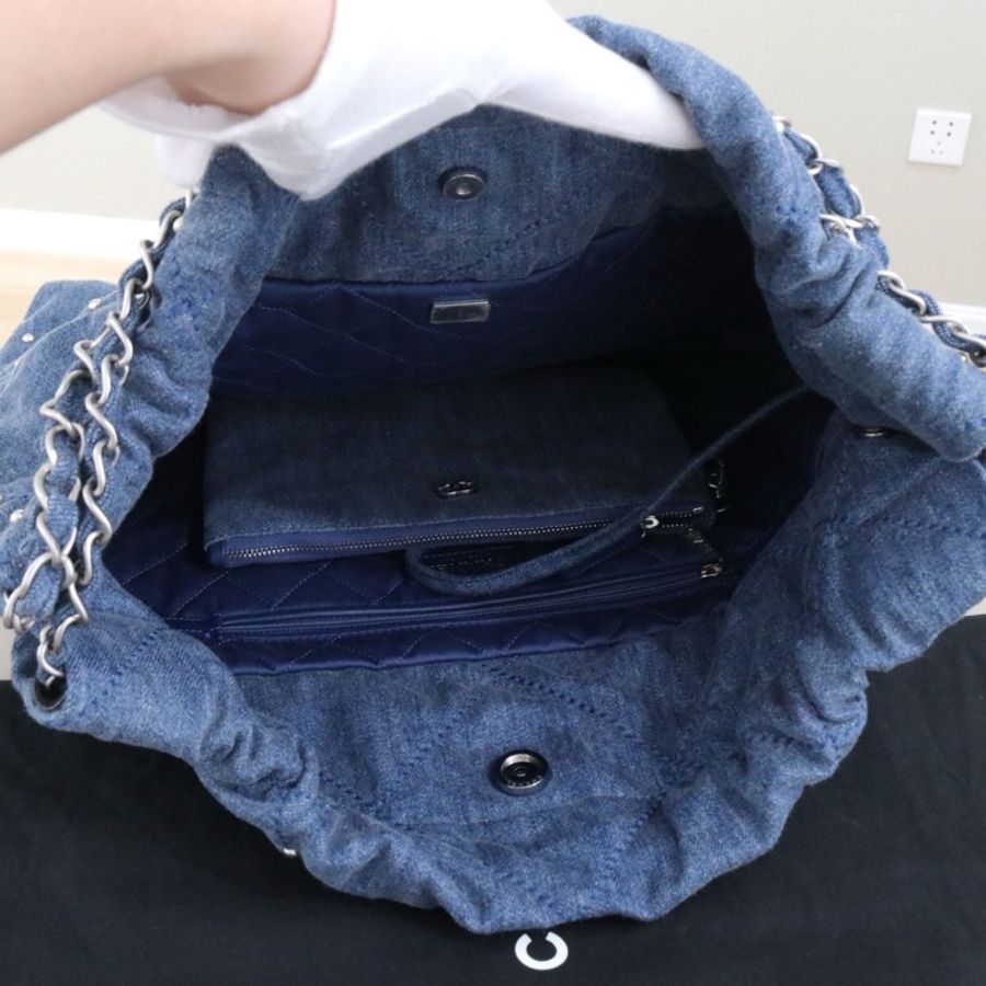 💙Chanel香奈兒22bag 單寧牛仔垃圾袋中號 單肩包斜挎包 藍色 銀扣 芯片款-7