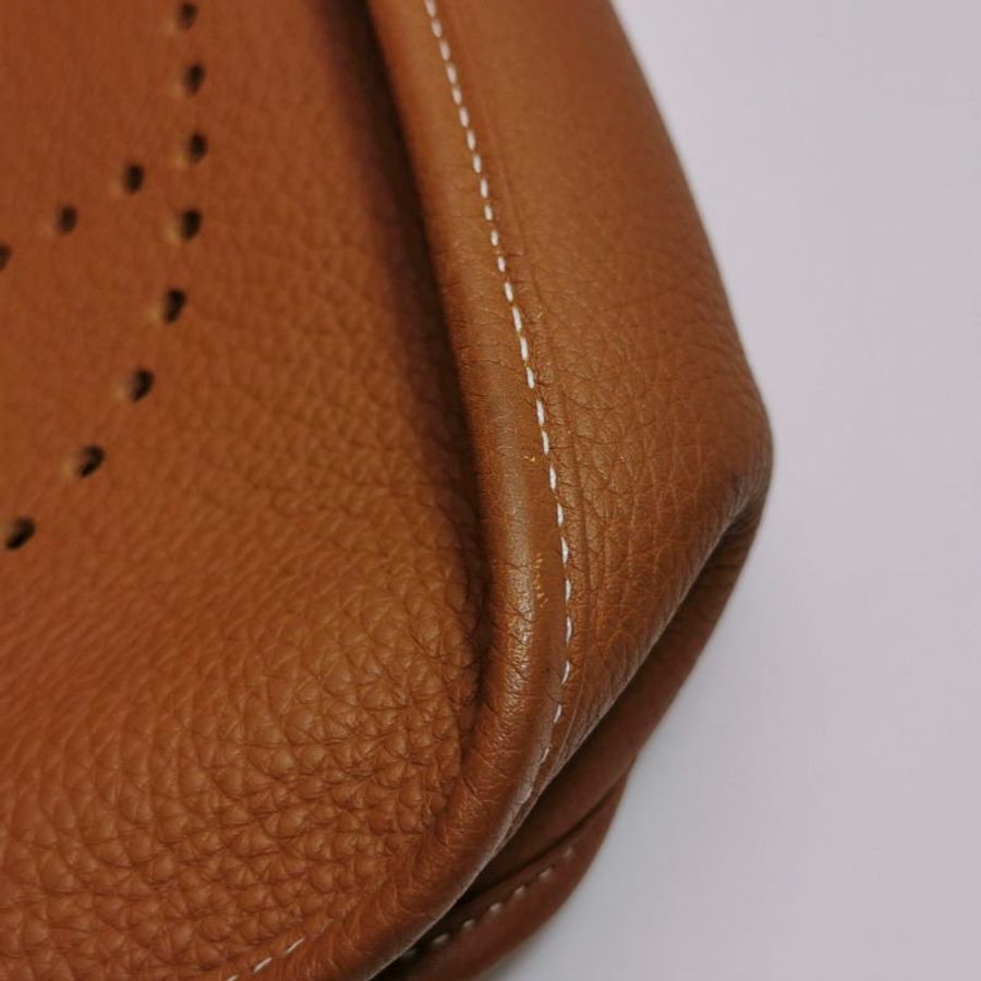 Hermes Evelyne29鏤空斜斜肩背包Clemence（TC）牛皮銀扣37金棕框M刻-15