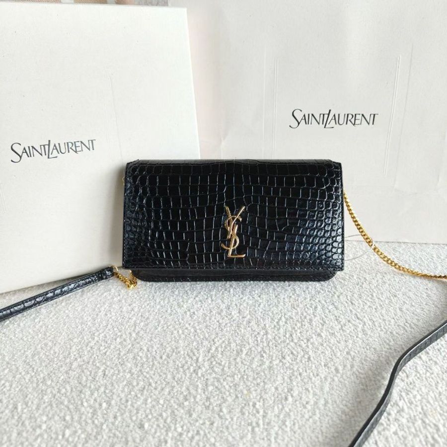YSL 黑金鱷魚壓紋woc鏈條包 18*9*2.5 98新配件塵袋-2