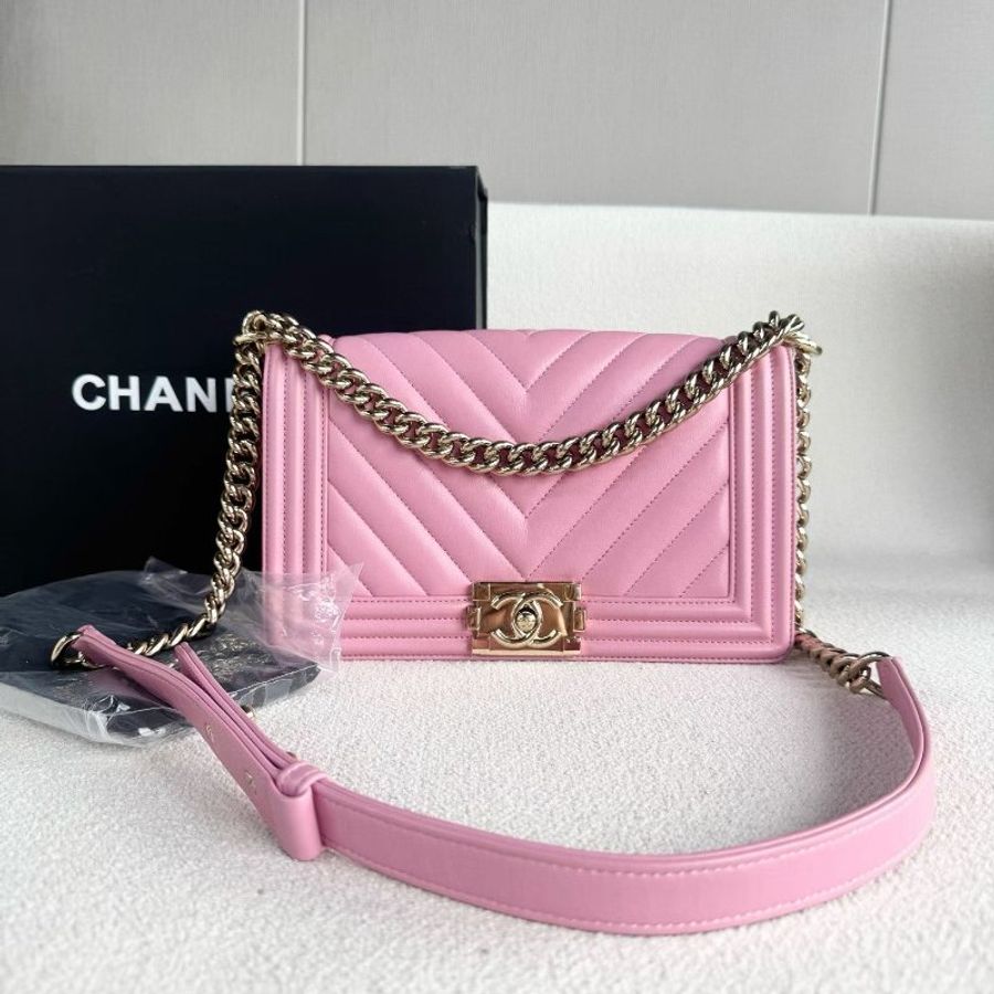 Chanel 粉金Leboy中號鏈條包 芯片款 25*15*8 99新配件塵袋 盒-1
