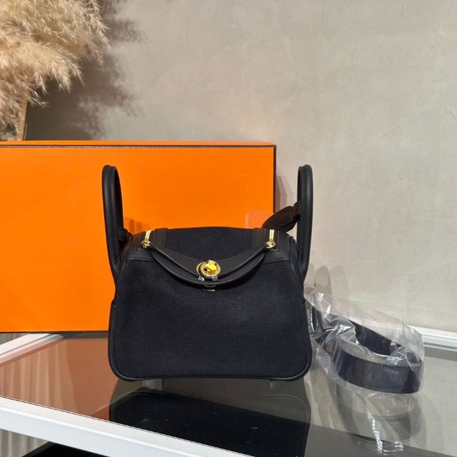 HERMES Mini Lindy ll - Noir 89 帆布黑金 G-0