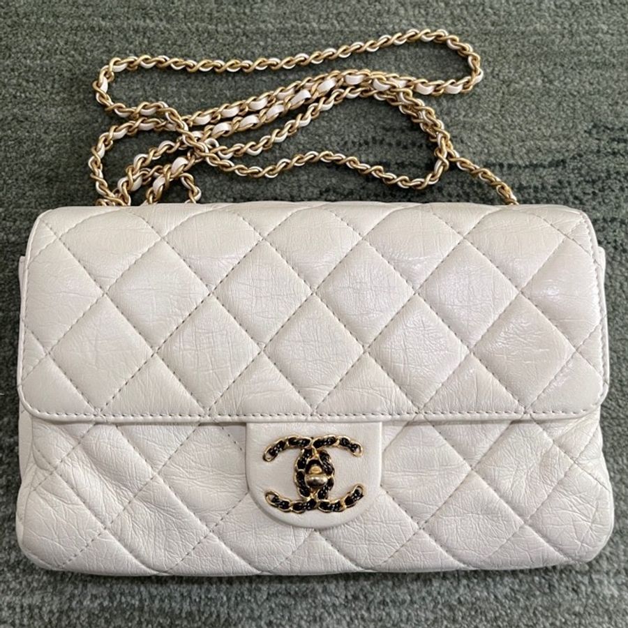 CHANEL/香奈兒22C白金皺紋羊皮CF大mini 白金配色百搭又溫柔-0