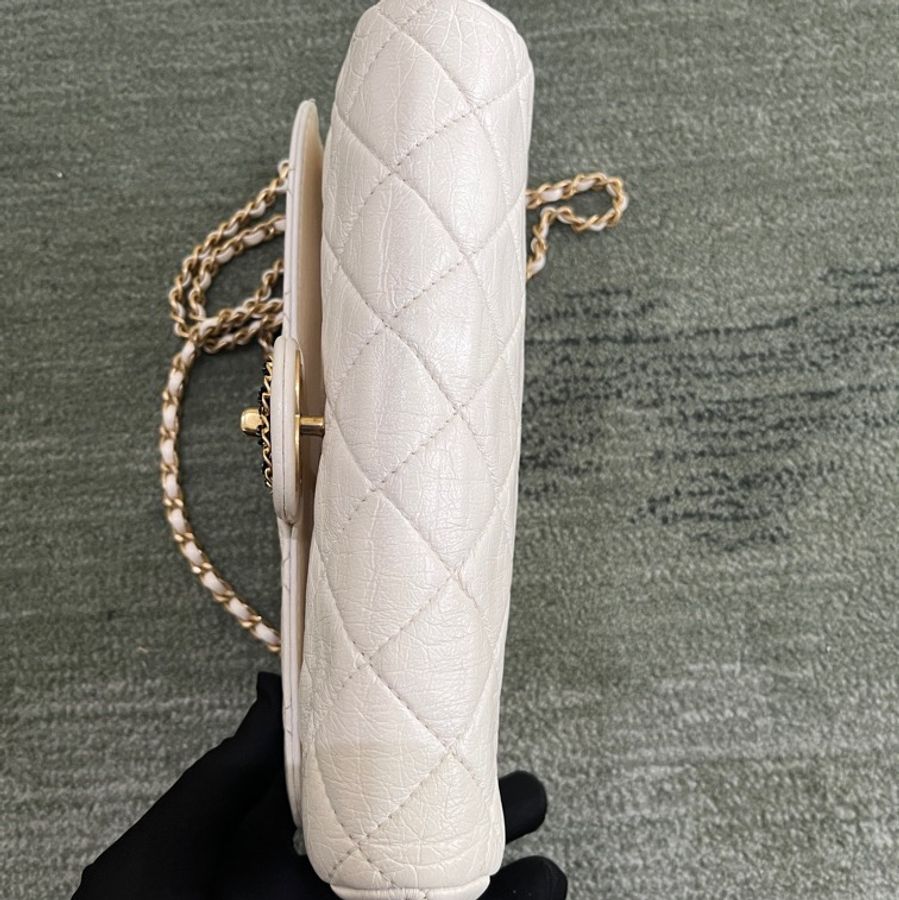 CHANEL/香奈兒22C白金皺紋羊皮CF大mini 白金配色百搭又溫柔-4