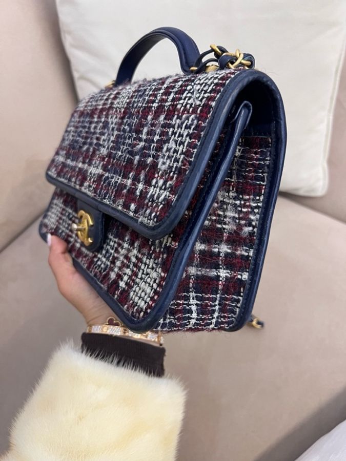 芯片款 CHANEL香奈兒 22K秋冬 雙C Logo皮穿鏈肩帶 羊毛斜紋軟呢金屬 口蓋包鏈條包手提斜挎包 小號-3
