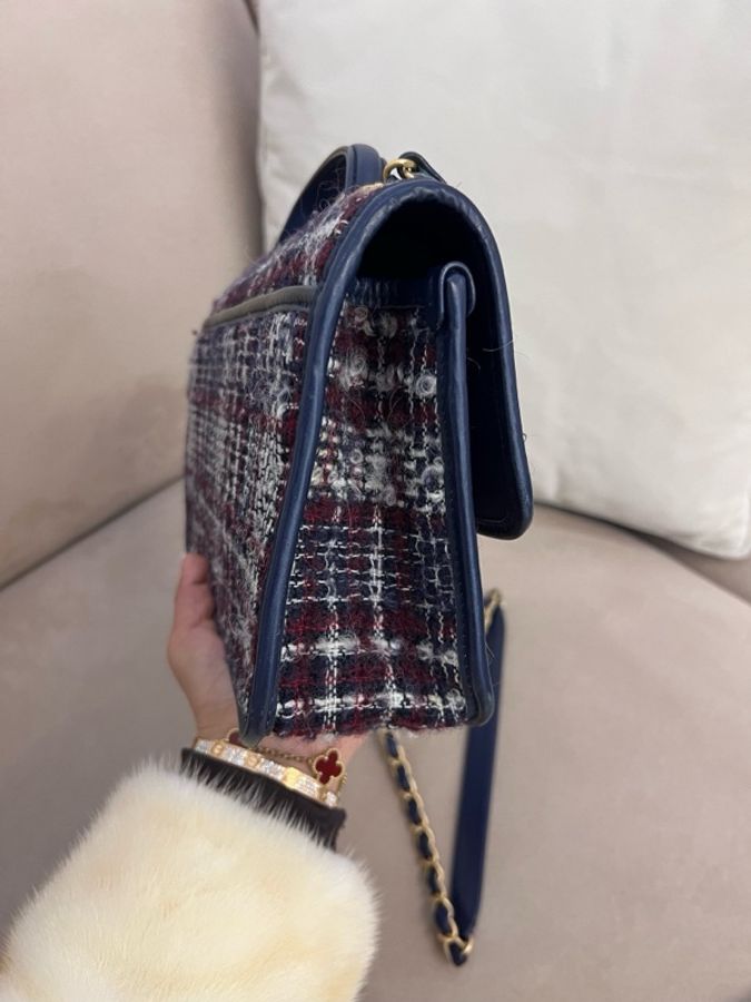 芯片款 CHANEL香奈兒 22K秋冬 雙C Logo皮穿鏈肩帶 羊毛斜紋軟呢金屬 口蓋包鏈條包手提斜挎包 小號-4