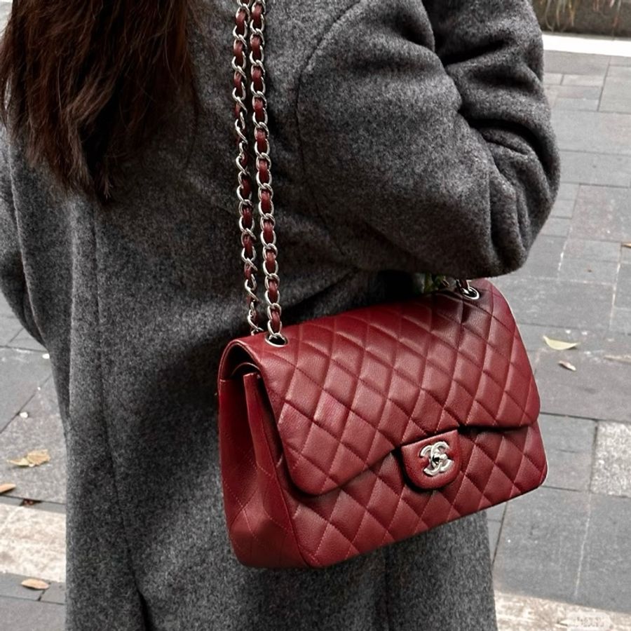 Chanel 香奈兒 紅色 荔枝皮 Classic Jumbo Coco 30 肩背包 鍊帶包 銀釦 A58600-1