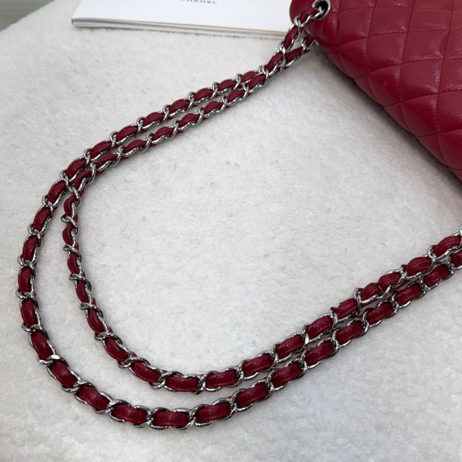 Chanel 香奈兒 紅色 荔枝皮 Classic Jumbo Coco 30 肩背包 鍊帶包 銀釦 A58600-24