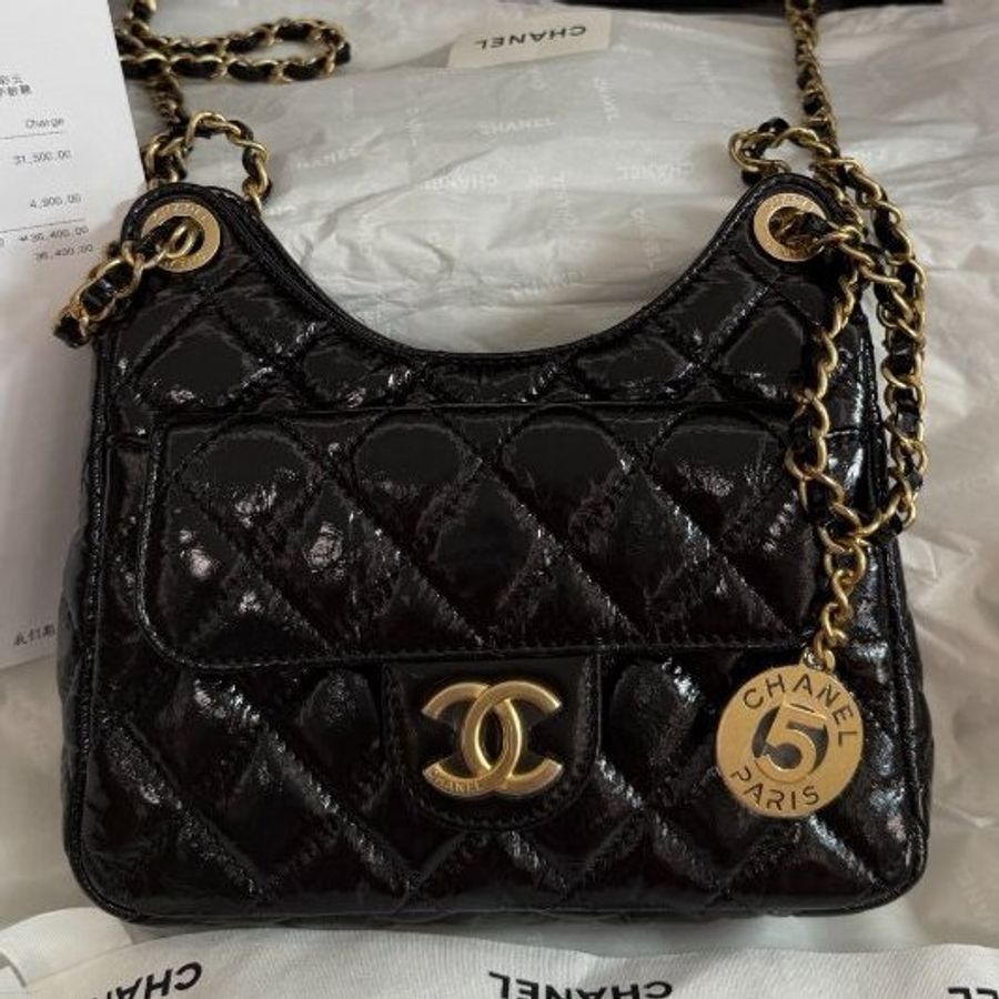 閒置新 香奈兒/Chanel黑金小號 油蠟皮Hobo鏈條肩背斜背包-0