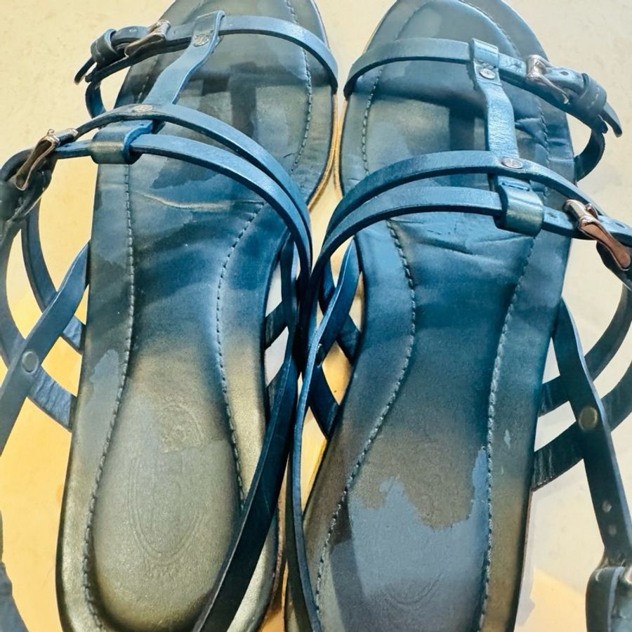 TOD'S 義大利製 經典黑藍色皮革多釦帶平底羅馬涼鞋/ T-Icon 金屬飾釦 Size 37 VIBRAM 黃金大底-7