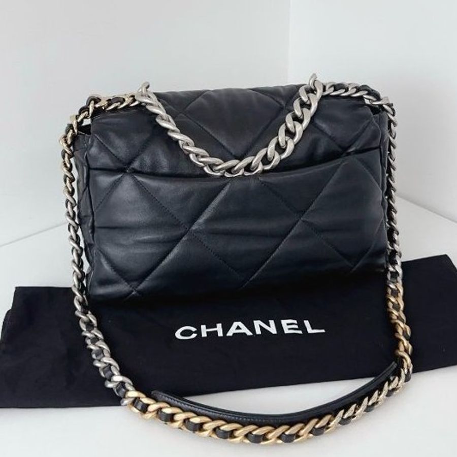 芯片款 香奈兒/Chanel 黑銀19Bag中號 大菱格金剛款枕頭包-6