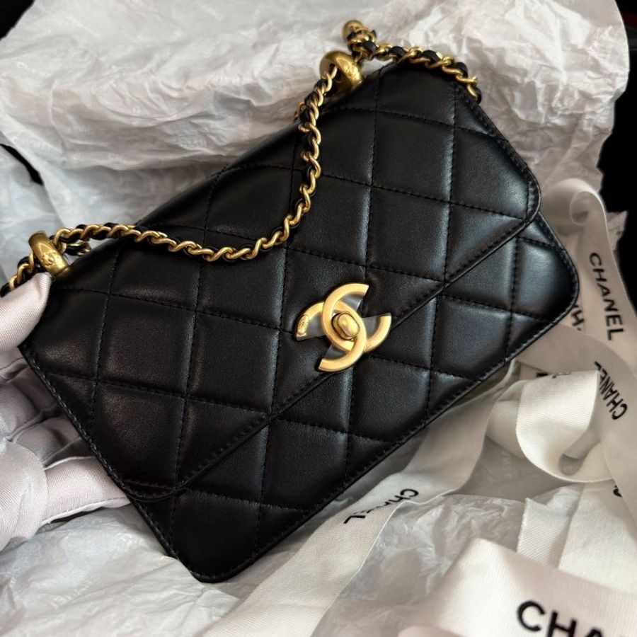 近全新 香奈兒/Chanel 雙金珠口蓋鏈條包 芯片款-5