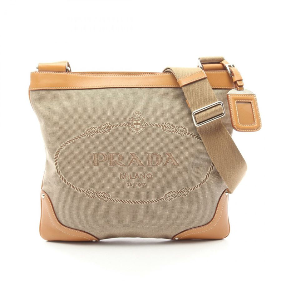 PRADA LOGO JACQUARD 斜背單肩包 帆布皮革 米色 棕色 二手 女士-0
