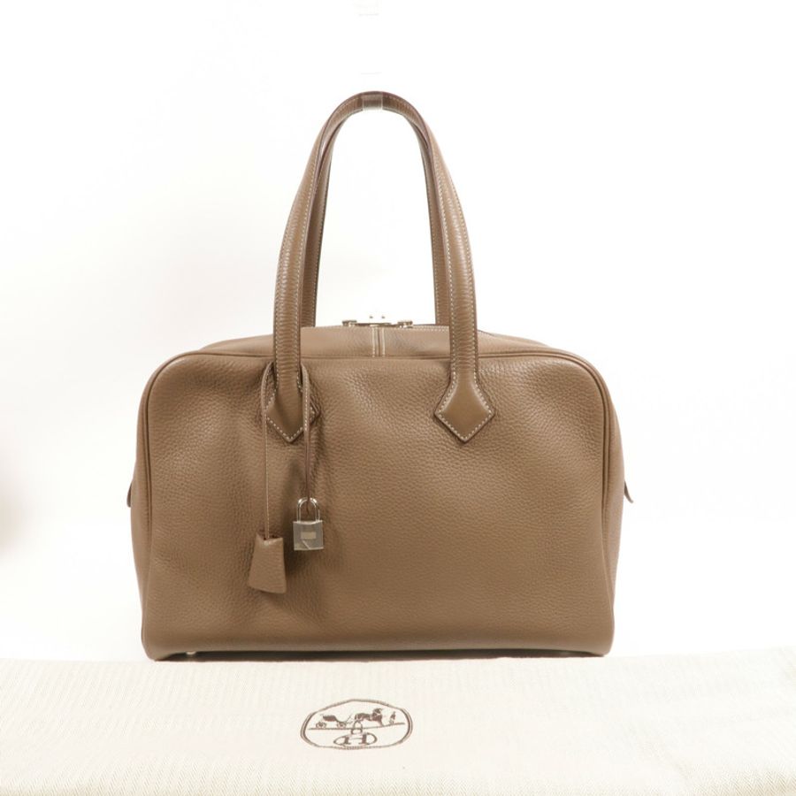HERMES Clemence皮革Victoria 35手挽袋Etoupe-10