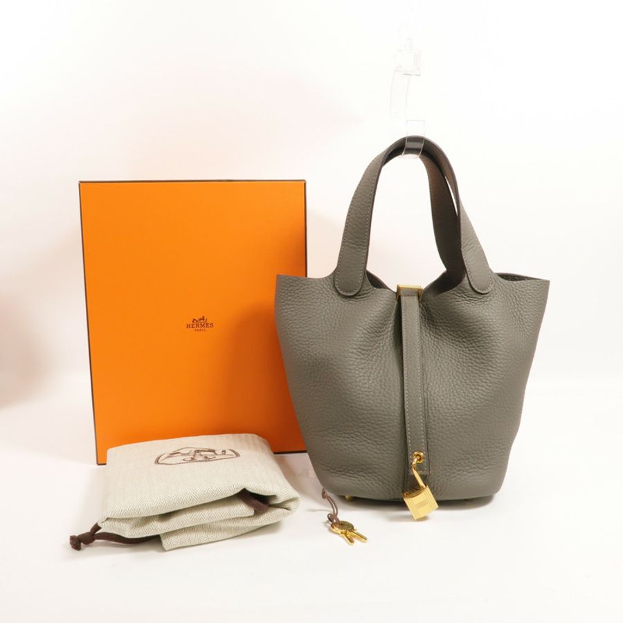 HERMES Clemence皮革Picotin PM手挽袋Gris Meyer-10