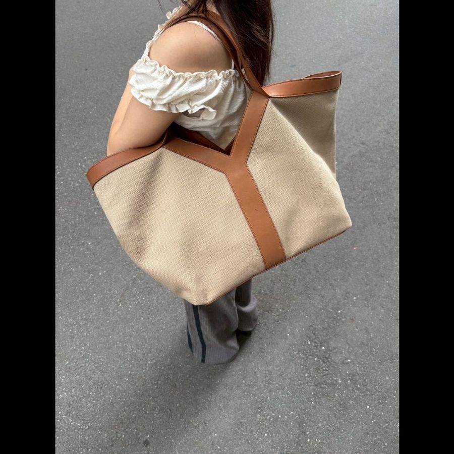 YSL Y系列咖皮邊帆布大托特包-2