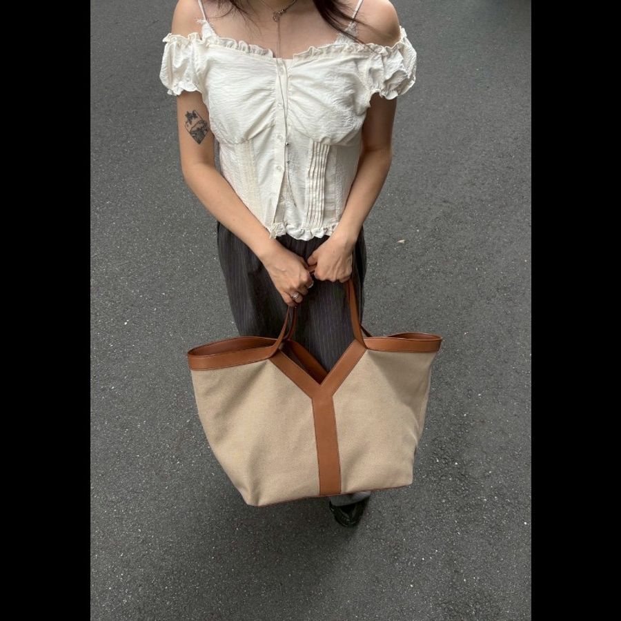 YSL Y系列咖皮邊帆布大托特包-3