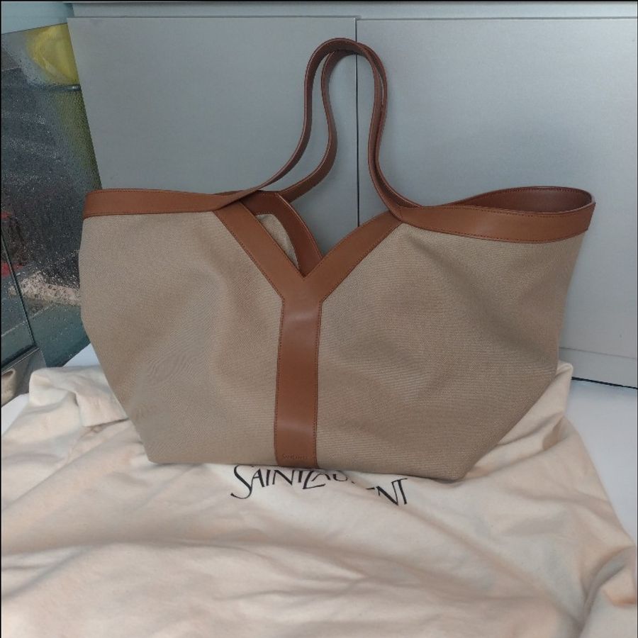 YSL Y系列咖皮邊帆布大托特包-4