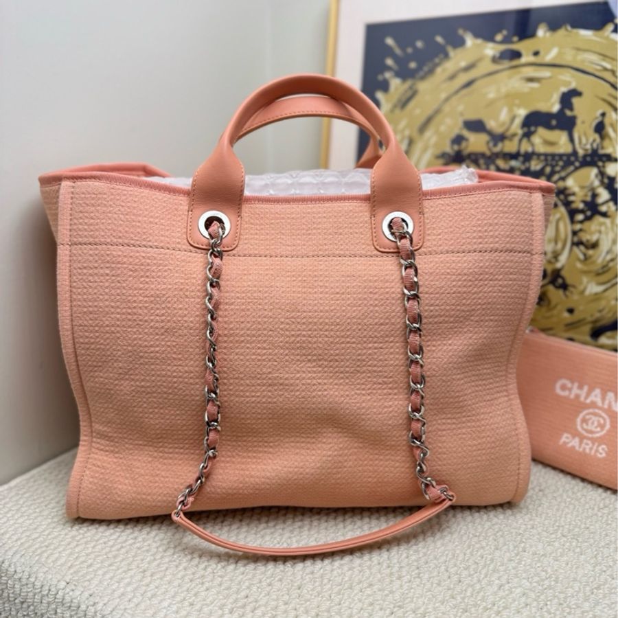 【近新閒置品】Chanel 香奈兒 22C桔粉色銀扣磁扣單肩沙灘包托特包購物袋 芯片款 實用時髦-1