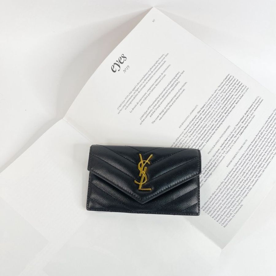 YSL 粒面壓紋拉鍊卡片套 黑金-0