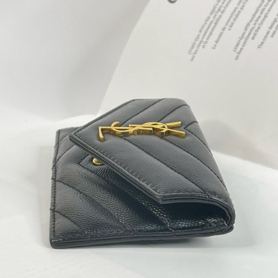 YSL 粒面壓紋拉鍊卡片套 黑金-11