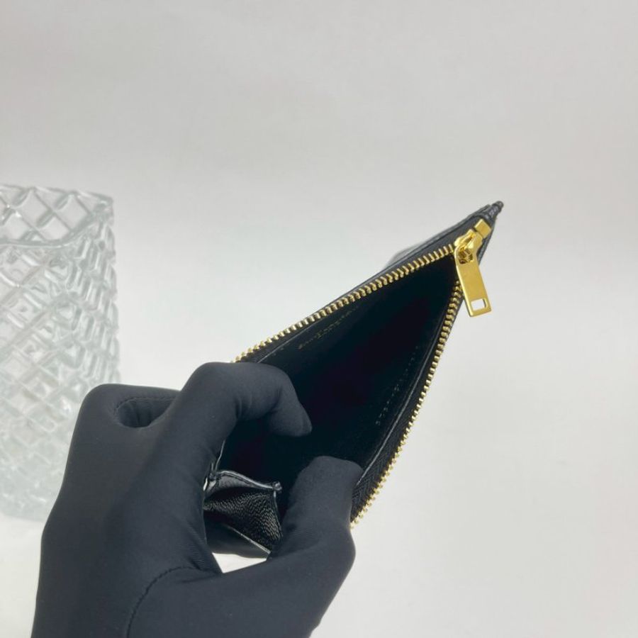 YSL 粒面壓紋牛皮拉鍊卡片零錢包 黑金-4