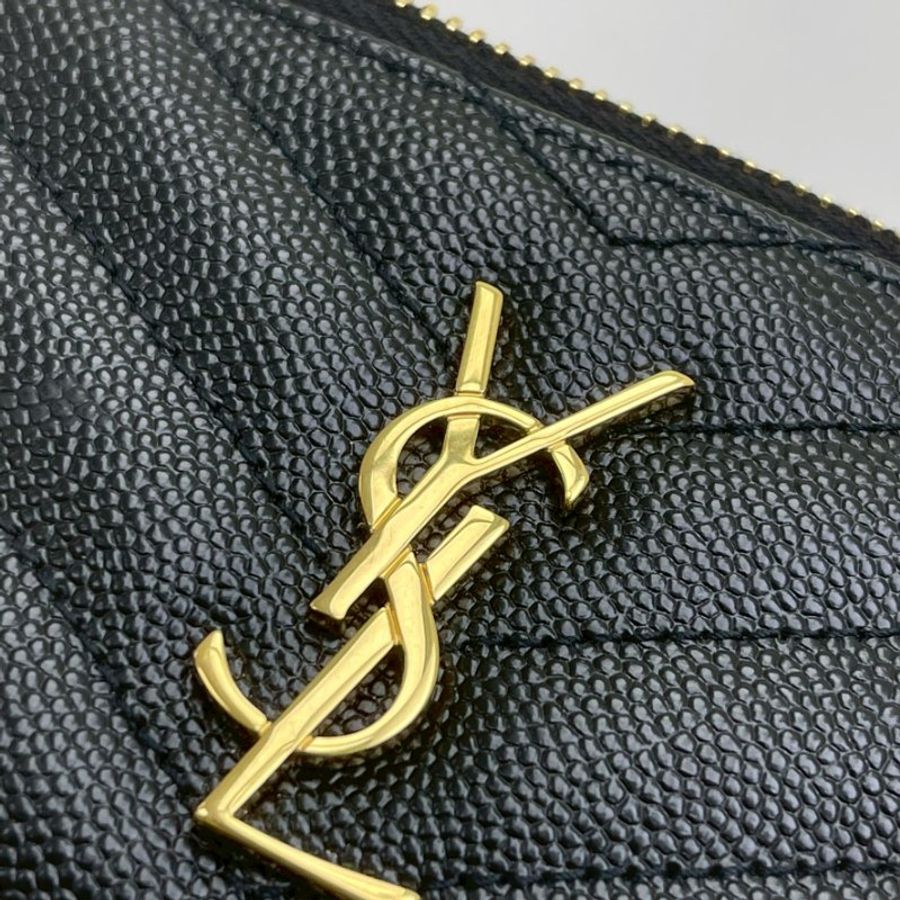 YSL 粒面壓紋牛皮拉鍊卡片零錢包 黑金-6