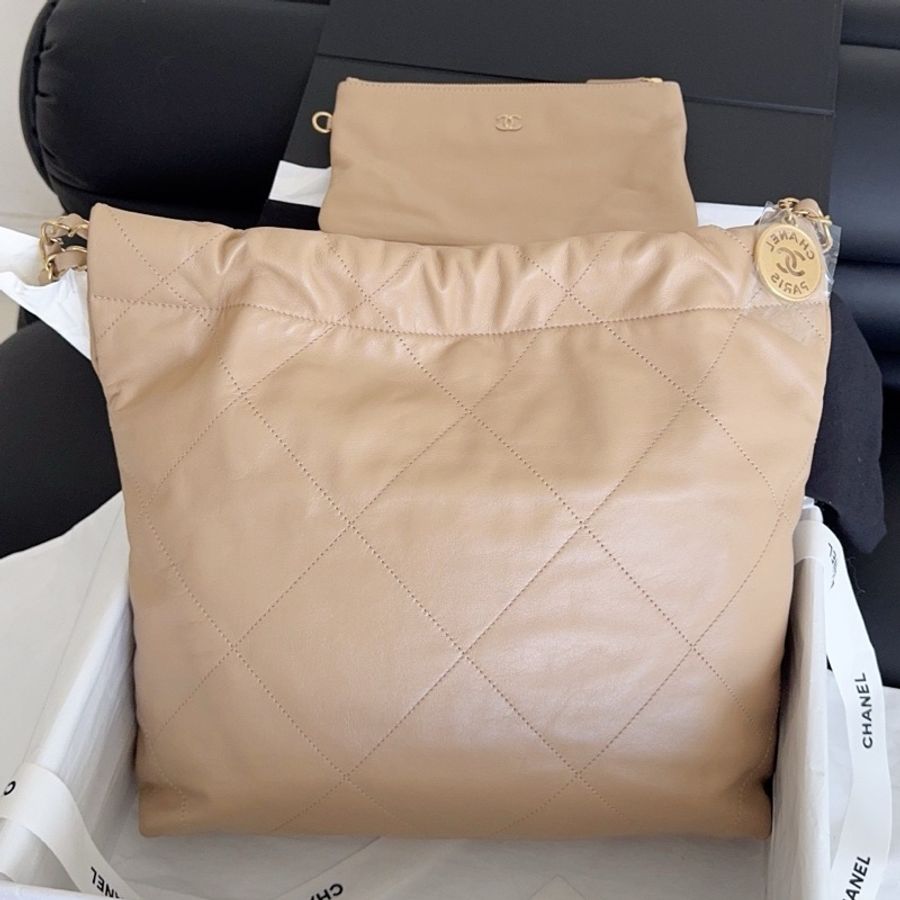 【近新閒置品】香奈兒Chanel 奶茶色金扣 22bag垃圾袋小號單肩包鏈條包 芯片款-2