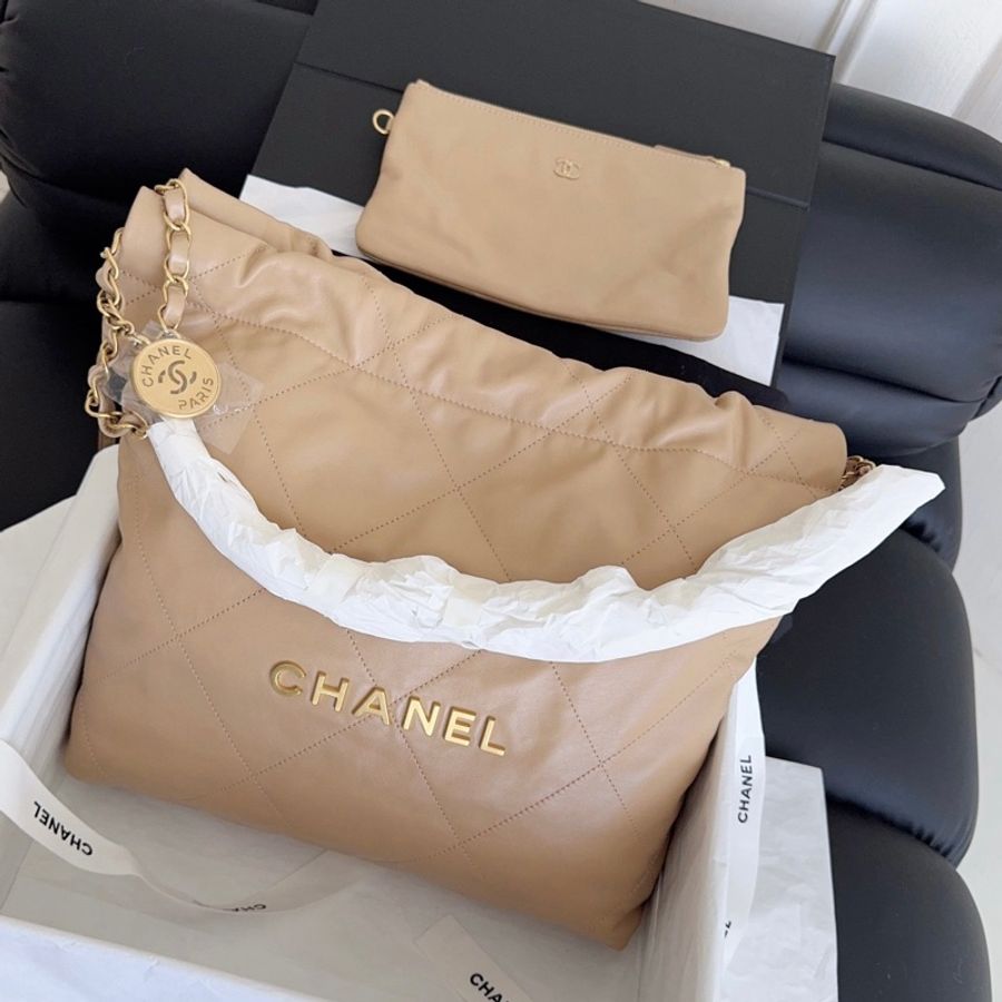 【近新閒置品】香奈兒Chanel 奶茶色金扣 22bag垃圾袋小號單肩包鏈條包 芯片款-9