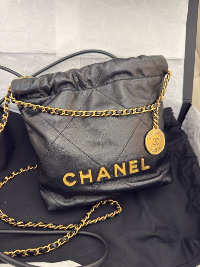 二手CHANEL黑色金字22bag mini 垃圾袋AS3980B 25P-0